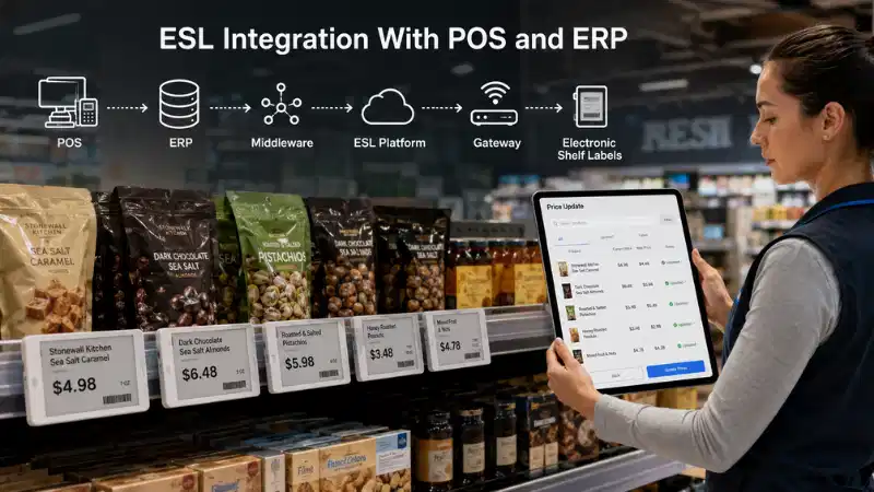 የኤሌክትሮኒክስ መደርደሪያ መለያ ከPOS እና ኢአርፒ ጋር ውህደት፡ ኤፒአይዎች፣ የውሂብ ካርታ ስራ፣ የስህተት አያያዝ እና መልሶ መመለሻ